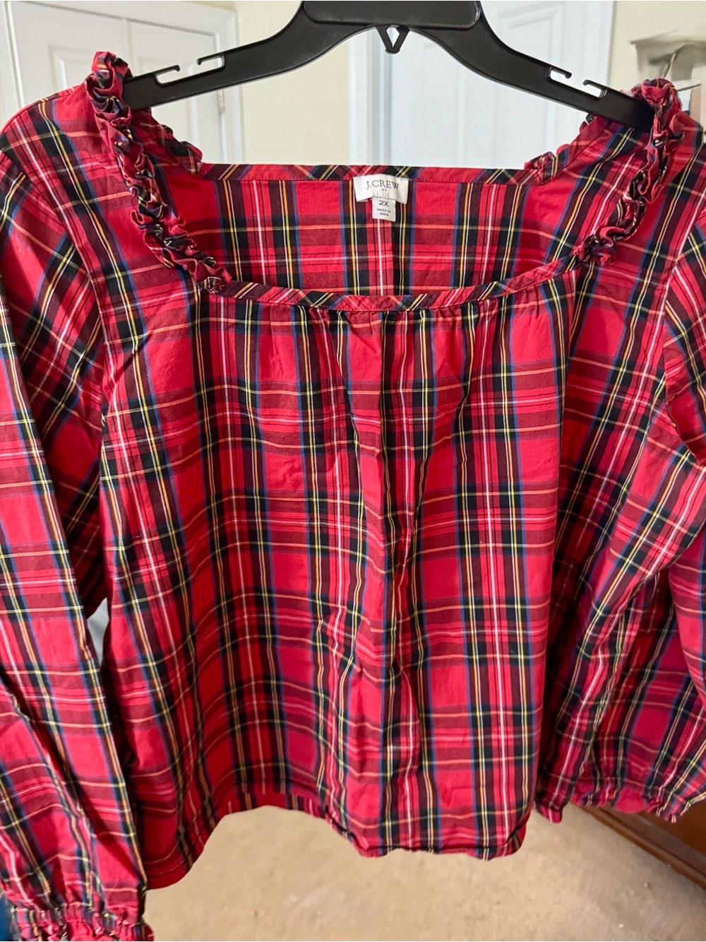J. Crew Red Plaid Pull Over Top with Blue and Yellow Accents
